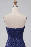 Vestido curto cinto de lantejoulas, cintilante, sem alças, bodycon azul-marinho