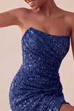 Vestido curto cinto de lantejoulas, cintilante, sem alças, bodycon azul-marinho
