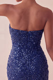 Vestido curto cinto de lantejoulas, cintilante, sem alças, bodycon azul-marinho