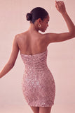 Vestido curto cinto de lantejoulas, cintilante, sem alças, bodycon azul-marinho