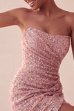 Vestido curto cinto de lantejoulas, cintilante, sem alças, bodycon azul-marinho