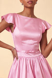 Vestido curto de regresso a casa, decote de cetim em linha A azul celeste, com mangas curtas