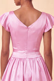 Vestido curto de regresso a casa, decote de cetim em linha A azul celeste, com mangas curtas