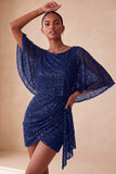 Bodycon cor-de-rosa brilhante, lantejoulas, lantejoulas franzidas, vestido curto de regresso a casa com faixa