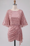 Bodycon cor-de-rosa brilhante, lantejoulas, lantejoulas franzidas, vestido curto de regresso a casa com faixa