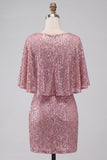 Bodycon cor-de-rosa brilhante, lantejoulas, lantejoulas franzidas, vestido curto de regresso a casa com faixa