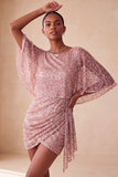 Bodycon cor-de-rosa brilhante, lantejoulas, lantejoulas franzidas, vestido curto de regresso a casa com faixa