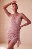 Bodycon cor-de-rosa brilhante, lantejoulas, lantejoulas franzidas, vestido curto de regresso a casa com faixa