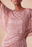 Bodycon cor-de-rosa brilhante, lantejoulas, lantejoulas franzidas, vestido curto de regresso a casa com faixa