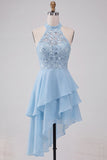 Vestido Curto de Regresso a Casa Azul Celeste Azul Celeste Assimétrico Assimétrico de Finalistas