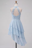 Vestido Curto de Regresso a Casa Azul Celeste Azul Celeste Assimétrico Assimétrico de Finalistas