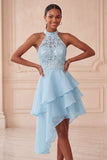 Vestido Curto de Regresso a Casa Azul Celeste Azul Celeste Assimétrico Assimétrico de Finalistas