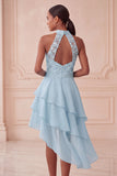 Vestido Curto de Regresso a Casa Azul Celeste Azul Celeste Assimétrico Assimétrico de Finalistas