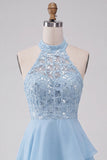 Vestido Curto de Regresso a Casa Azul Celeste Azul Celeste Assimétrico Assimétrico de Finalistas