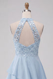 Vestido Curto de Regresso a Casa Azul Celeste Azul Celeste Assimétrico Assimétrico de Finalistas