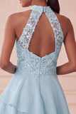 Vestido Curto de Regresso a Casa Azul Celeste Azul Celeste Assimétrico Assimétrico de Finalistas