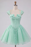 Vestido Curto de Regresso a Casa Verde Verde Mint, Linha em A, com um simples abotoamento e mangas curtas