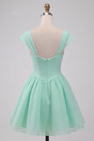 Vestido Curto de Regresso a Casa Verde Verde Mint, Linha em A, com um simples abotoamento e mangas curtas