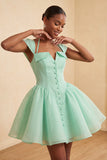 Vestido Curto de Regresso a Casa Verde Verde Mint, Linha em A, com um simples abotoamento e mangas curtas