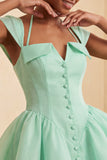 Vestido Curto de Regresso a Casa Verde Verde Mint, Linha em A, com um simples abotoamento e mangas curtas