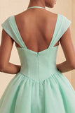 Vestido Curto de Regresso a Casa Verde Verde Mint, Linha em A, com um simples abotoamento e mangas curtas