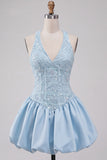 Vestido Curto de Finalistas de Finalistas Azul Celeste Linha em V