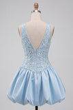 Vestido Curto de Finalistas de Finalistas Azul Celeste Linha em V