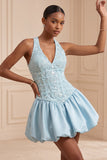 Vestido Curto de Finalistas de Finalistas Azul Celeste Linha em V