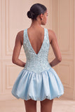 Vestido Curto de Finalistas de Finalistas Azul Celeste Linha em V