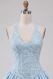 Vestido Curto de Finalistas de Finalistas Azul Celeste Linha em V