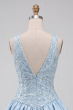 Vestido Curto de Finalistas de Finalistas Azul Celeste Linha em V