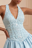 Vestido Curto de Finalistas de Finalistas Azul Celeste Linha em V
