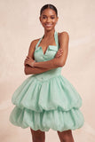 Vestido curto de regresso a casa, decote cor-de-rosa com folhos e decote halter