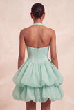 Vestido curto de regresso a casa, decote cor-de-rosa com folhos e decote halter