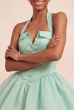 Vestido curto de regresso a casa, decote cor-de-rosa com folhos e decote halter