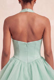 Vestido curto de regresso a casa, decote cor-de-rosa com folhos e decote halter