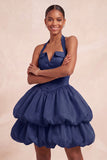 Vestido curto de regresso a casa, decote cor-de-rosa com folhos e decote halter