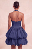 Vestido curto de regresso a casa, decote cor-de-rosa com folhos e decote halter