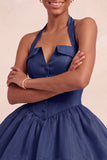 Vestido curto de regresso a casa, decote cor-de-rosa com folhos e decote halter