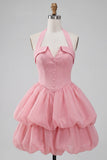 Vestido curto de regresso a casa, decote cor-de-rosa com folhos e decote halter