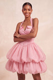 Vestido curto de regresso a casa, decote cor-de-rosa com folhos e decote halter
