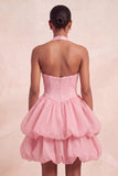 Vestido curto de regresso a casa, decote cor-de-rosa com folhos e decote halter