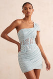 Vestido Curto de Boas-Vindas, Corseto Transparente Transparente de Um Ombro e Renda nas Costas