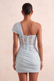 Vestido Curto de Boas-Vindas, Corseto Transparente Transparente de Um Ombro e Renda nas Costas