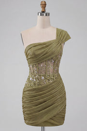 Vestido Curto de Boas-Vindas, Corseto Transparente Transparente de Um Ombro e Renda nas Costas