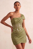 Vestido Curto de Boas-Vindas, Corseto Transparente Transparente de Um Ombro e Renda nas Costas