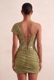 Vestido Curto de Boas-Vindas, Corseto Transparente Transparente de Um Ombro e Renda nas Costas