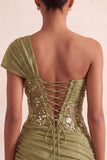 Vestido Curto de Boas-Vindas, Corseto Transparente Transparente de Um Ombro e Renda nas Costas
