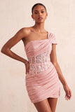 Vestido Curto de Boas-Vindas, Corseto Transparente Transparente de Um Ombro e Renda nas Costas