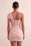 Vestido Curto de Boas-Vindas, Corseto Transparente Transparente de Um Ombro e Renda nas Costas